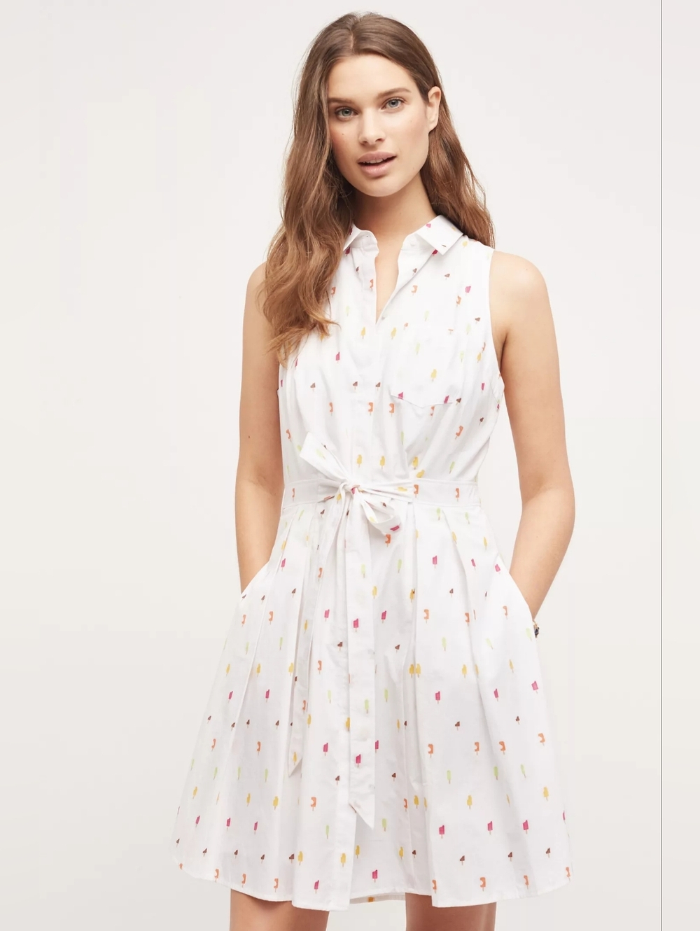 HD In PARIS Women's White Popsicle Printed Sleeveless Tie-Waist Shirt Dress - Picture 10 of 11
